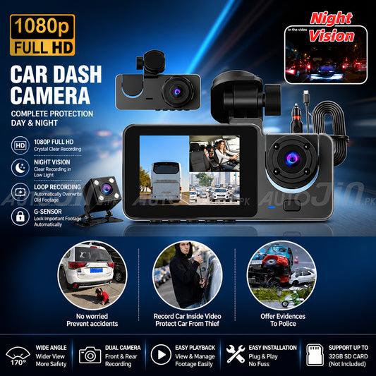 Triple Channel Lens Dash Cam Car Front Inside Rear View DVR Camera Recorder 1000