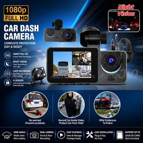 Triple Channel Lens Dash Cam Car Front Inside Rear View DVR Camera Recorder