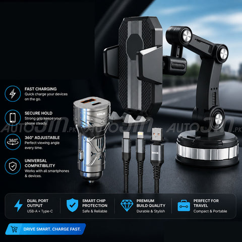 Sogo Mobile Fast Fix Kit For Car - Long Arm Mobile Holder & CC-17 Charger