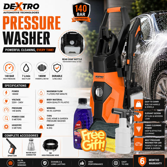 Dextro DX-140 Turbo Pressure Washer 140 Bar 6 Month Warranty (Free Soap Bottle, Sogo Foam & Shampoo Wax & Yellow & Grey Microfiber Cloth 2 in 1) 1000