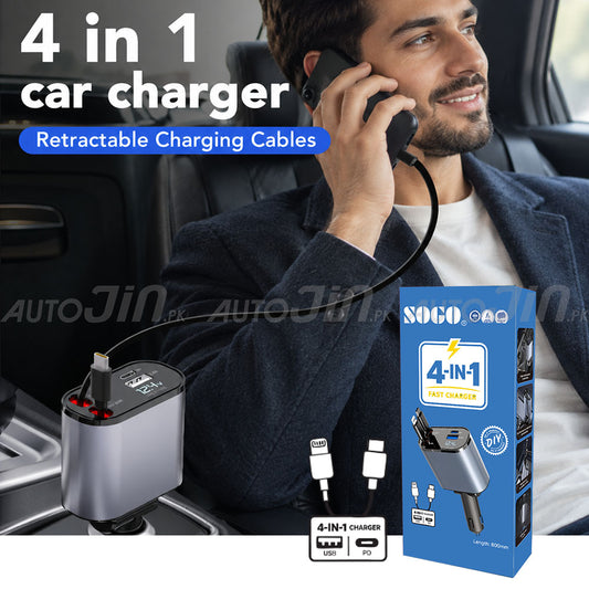 SOGO 120w 4 in 1 USB Fast Charging Car Cigarette Lighter Adapter Retractable Cable 1000