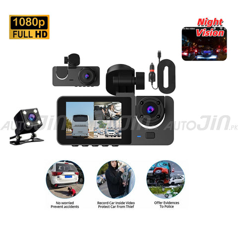 Triple Channel Lens Dash Cam Car Front Inside Rear View DVR Camera Recorder