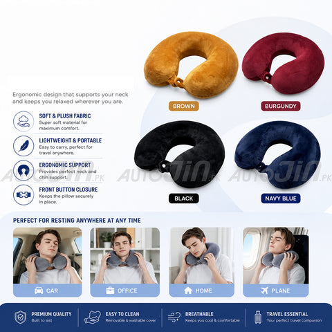 U-Shaped Velvet Neck Support Pillow for Travel, Sleeping Rest, Car, Home & Office  - Multicolour
