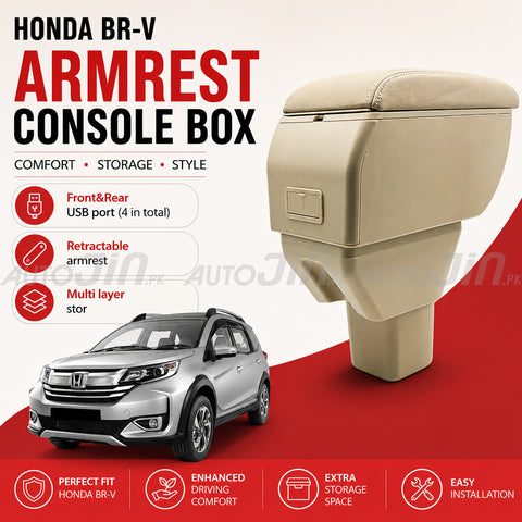 Sogo Honda Br-v Leather Armrest Console With Usb 4 Ports - Beige