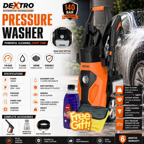 Dextro DX-140 Turbo Pressure Washer 140 Bar 6 Month Warranty (Free Sogo Foam & Shampoo Wax & Yellow & Grey Microfiber Cloth 2 in 1)