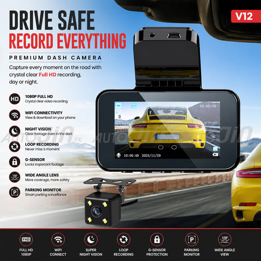 V12 WiFi Dual Lens 1080P Full HD Dash Camera with Rear Camera | Car DVR Video Recorder 1000