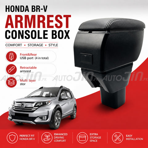 Sogo Honda Br-v Leather Armrest Console With Usb 4 Ports - Black