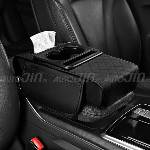 Universal Armrest Pad Car Center Console PU Leather Cushion With 2 Cup Holders