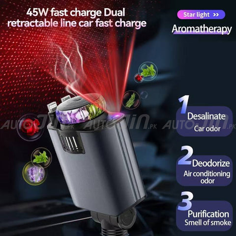 Sogo 45w 5 in 1 USB Fast Charging Car Cigarette Lighter Adapter Retractable Cable Starlight Aromatherapy Air Purifie
