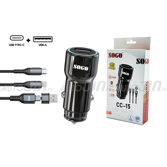 SOGO CC-15 150W Fast Car Charger with USB-C & USB-A Port 12-24V 1000