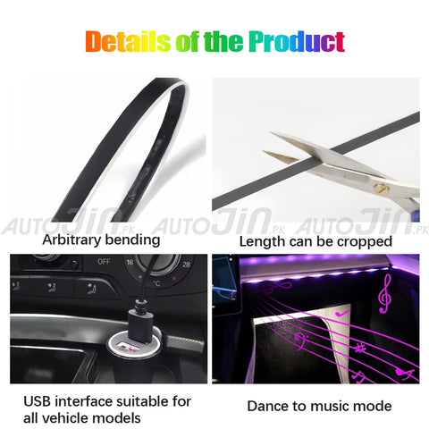 Car Interior Dashboard LED Ambient Lights Acrylic Symphony RGB USB APP Remote Control - 110cm