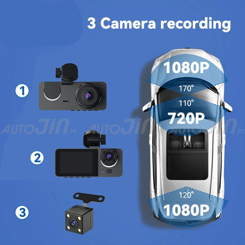 Triple Channel Lens Dash Cam Car Front Inside Rear View DVR Camera Recorder