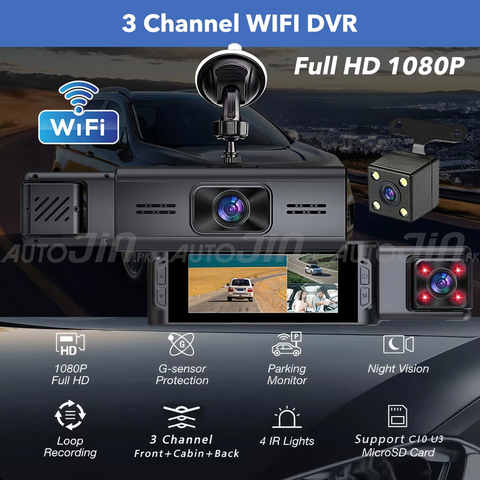 Wifi Triple Channel Lens Dash Cam Car Front Inside Rear View DVR Camera Recorder
