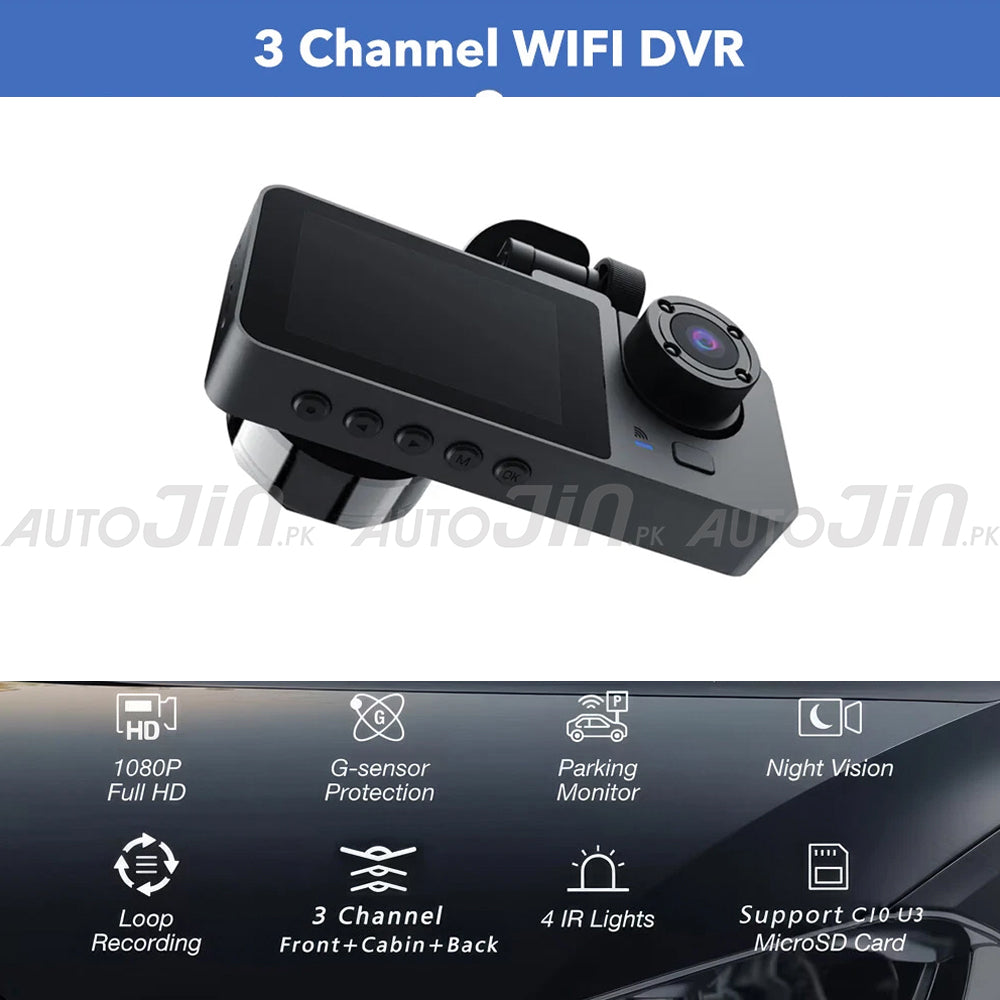 Triple Channel Lens Dash Cam Car Front Inside Rear View DVR Camera Recorder