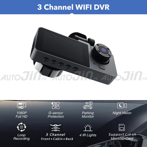 Triple Channel Lens Dash Cam Car Front Inside Rear View DVR Camera Recorder