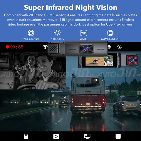 Wifi Triple Channel Lens Dash Cam Car Front Inside Rear View DVR Camera Recorder
