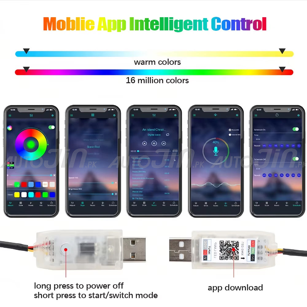 Car Interior Dashboard LED Ambient Lights Acrylic Symphony RGB USB APP Remote Control - 110cm (USB 2 LED)