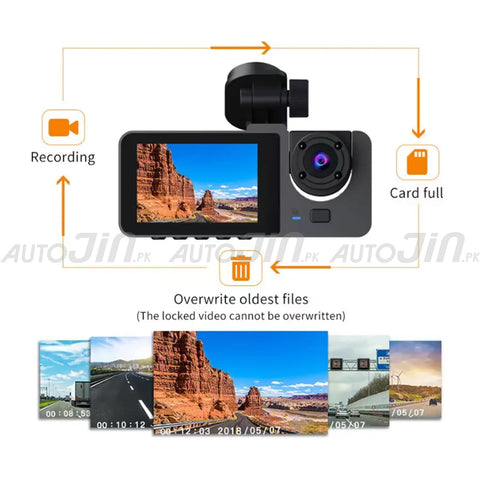 Triple Channel Lens Dash Cam Car Front Inside Rear View DVR Camera Recorder