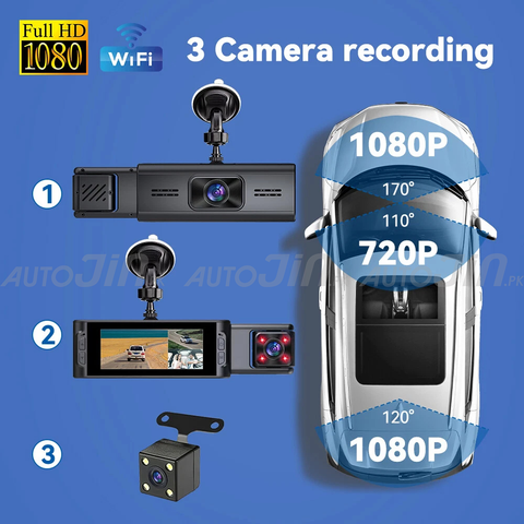 Wifi Triple Channel Lens Dash Cam Car Front Inside Rear View DVR Camera Recorder