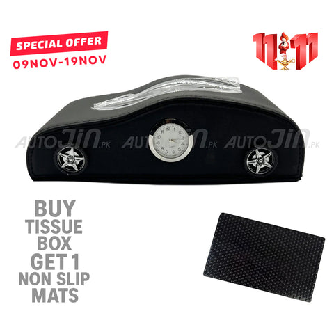 Exclusive Car-Shape Leather Tissue Box With Clock Black