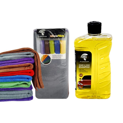 Gladiator Microfiber Cloth For Car (Pack of 10) With Wash & Wax Shampoo 450Ml